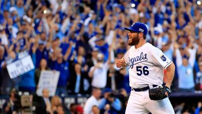 Greg Holland #56 of the Kansas City Royals celebrates their 2 to 1 win over the Baltimore Orioles to sweep the series in Game Four of the American League Championship Series at Kauffman Stadium on October 15, 2014 in Kansas City, Missouri. Jamie Squire/Getty Images