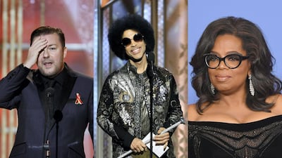 From left, Ricky Gervais has been a regular host; Prince presented an award in 2015; Oprah Winfrey was praised for her 2018 speech. Getty Images