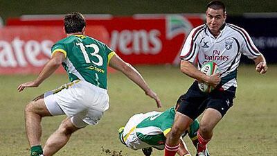 Quihen Marais, right, the UAE fly-half, scored the hosts only points as they were beaten heavily by Brazil last night.