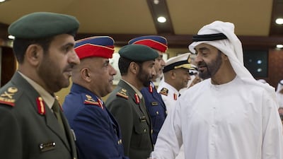 Sheikh Mohammed bin Zayed, Crown Prince of Abu Dhabi and Deputy Supreme Commander of the Armed Forces, greets officers at a reception for representatives of the Ministry of Foreign Affairs, Ministry of Interior and the Armed Forces, at Al Bateen Palace. Ryan Carter / Crown Prince Court – Abu Dhabi