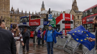 Pro-Europe British protesters stand in front of Parliament Square in London in May 2022. A plan is in the works to invite the UK and other countries into a remodelled EU. Getty Images