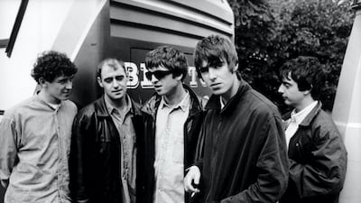 Oasis on tour in the early days, around the time of release of their first album, Definitely, Maybe (1994). Michel Linssen / Redferns