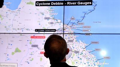 Australian prime minister Malcolm Turnbull inspecting the relief effort at the Crisis Coordination Centre in the capital of Canberra after Cyclone Debbie tore through Queensland’s far north coast. Mick Tsikas/EPA