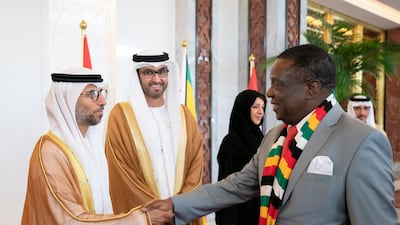Suhail bin Mohamed Faraj Faris Al Mazrouei, UAE Minister of Energy greets Emmerson Mnangagwa, President of Zimbabwe, during a reception at the Presidential Airport. Ryan Carter for the Ministry of Presidential Affairs