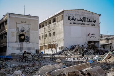 Gaza city's Al Azhar University in February last year, after it suffered severe damage from Israeli air strikes. AFP.