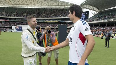 Australia captain Michael Clarke, left, and his England counterpart Alastair Cook will each hit the 100 Test milestone on Thursday. Dave Hunt / EPA