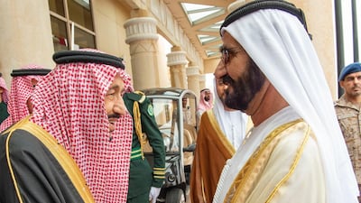 Saudi Arabia's King Salman greets Sheikh Mohammed bin Rashid on arrival in Riyadh. Photo SPA