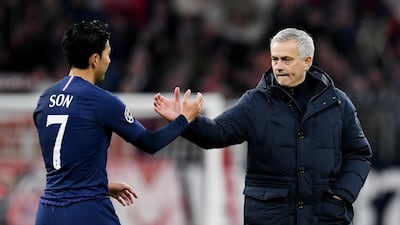 Tottenham Hotspur manager Jose Mourinho with Son Heung-min after the defeat to Bayern Munich. Reuters