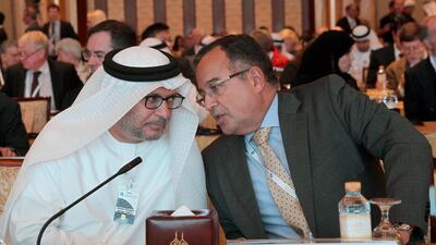 UAE Minister of State for Foreign Affairs, Dr Anwar Gargash, left, and the Egyptian diplomat Nabil Fahmy at the Abu Dhabi Strategic Debate at Emirates Palace. Mustafa Reda / Al Ittihad