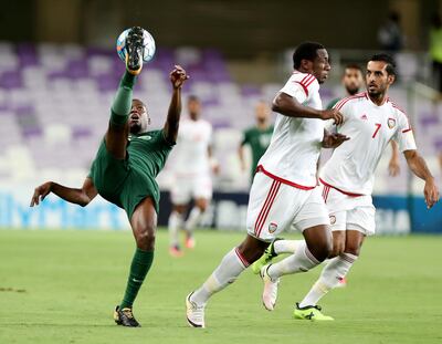 UAE duo Ahmed Khalil, centre, and Ali Mabkhout, right, stepped up in the absence of Omar Abdulraman on Tuesday. Chris Whiteoak / The National