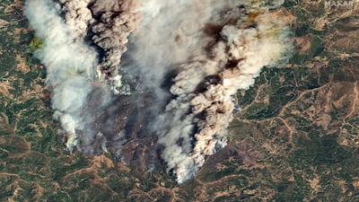 A satellite image shows smoke from wildfires in Piodao, Portugal. Reuters