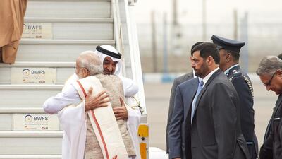 Sheikh Mohammed bin Zayed, Crown Prince of Abu Dhabi and Deputy Supreme Commander of the Armed Forces, is greeted by Indian prime minister Narendra Modi on his arrival in Delhi for a three-day visit, where he will be chief guest at Republic Day celebrations. Rashed Al Mansoori / Crown Prince Court – Abu Dhabi