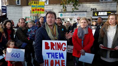 Richard Ratcliffe, the husband of Nazanin Zaghari-Ratcliffe, talks to demonstrators following a march in support of the detained British-Iranian mother in Iran REUTERS/Peter Nicholls