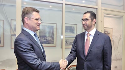 Russian energy minister Alexander Novak with Adnoc group chief executive and UAE minister of state Dr Sultan Al Jaber. The UAE company is looking to engage with Russian energy firms. Adnoc