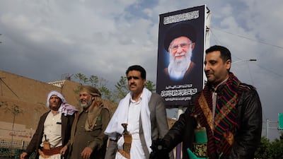A banner depicting the late Iranian supreme leader Ayatollah Ali Khamenei is displayed on a street in Sanaa, Yemen. EPA
