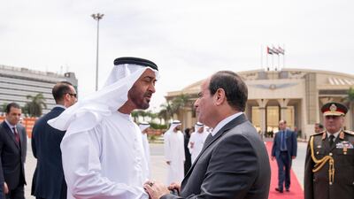 Sheikh Mohammed bin Zayed, Crown Prince of Abu Dhabi and Deputy Supreme Commander of the UAE Armed Forces, bids farewell on April 11, 2018, to Abdel Fattah El Sisi, President of Egypt. Mohammed Al Hammadi / Crown Prince Court - Abu Dhabi