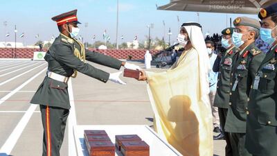 Sheikh Mohammed bin Rashid attends a graduation ceremony for the 45th batch of cadet officers at Zayed II Military College in Al Ain. Courtesy: Dubai Media Office