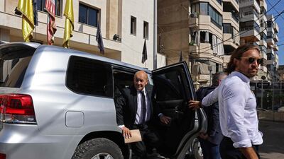French special envoy Jean-Yves Le Drian arrives for a meeting in the southern suburbs of Beirut. AFP