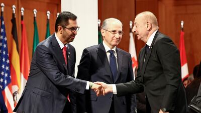 Dr Sultan Al Jaber, Cop28 President and UAE special envoy for climate change, meets senior officials from Cop29 host Azerbaijan, at the Petersberg Climate Dialogue in Berlin. Photo: Cop28