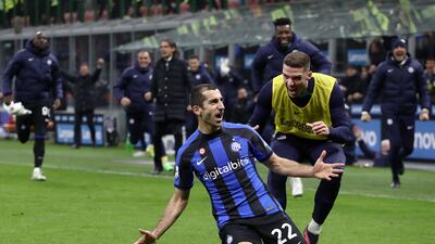 Henrikh Mkhitaryan celebrates after scoring Inter's second goal against Udinese. Getty