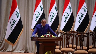 Mustafa Al Kadhimi delivers a speech after being confirmed as the new Iraqi prime minister. EPA