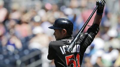 Miami Marlins player Ichiro Suzuki takes a practice swing before batting in the ninth inning of a baseball game against the San Diego Padres Wednesday, June 15, 2016, in San Diego. (Gregory Bull/AP Photo)