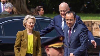 Lebanese caretaker Prime Minister Najib Mikati, centre, welcomes Cyprus President Nikos Christodoulides, right, and Ursula von der Leyen, European Commission President, in Beirut. AP