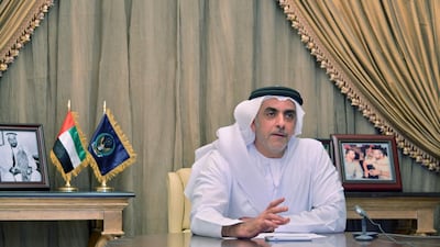 Sheikh Saif bin Zayed, Deputy Prime Minister and Minister of Interior, takes part in a video conference briefing for Sheikh Mohamed bin Zayed.