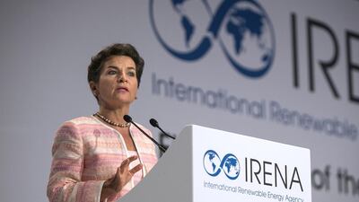 Christiana Figueres, the executive secretary of the United Nations Framework Convention on Climate Change, delivers her speech on the second day of the International Renewable Energy Agency session. Silvia Razgova / The National