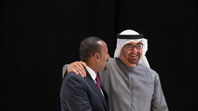 President Sheikh Mohamed greets Abiy Ahmed, Prime Minister of Ethiopia. Photo: Presidential Court