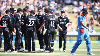 India batsman Shubman Gill walks off after being dismissed as his side slumped to an eight-wicket loss to New Zealand in the fourth ODI. Getty