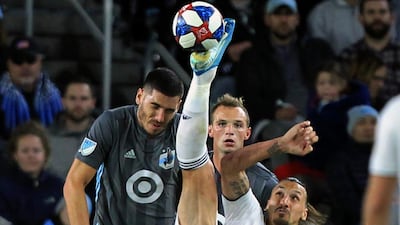 LA Galaxy attacker Zlatan Ibrahimovic goes for the spectacular against Minnesota United in their MLS first-round play-off match on Sunday, October 10. AP