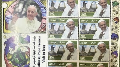 Iraq has issued postage stamps commemorating Pope Francis's visit to the country in March