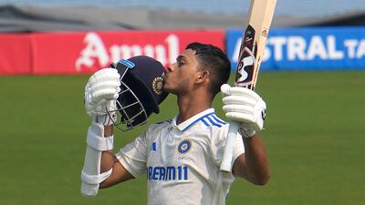 India's Yashasvi Jaiswal celebrates his double century. AP