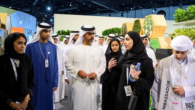 Dr Thani Al Zeyoudi,with Sheikh Hamed bin Zayed, Chairman of the Crown Prince Court of Abu Dhabi, at the World Future Energy Summit, part of Abu Dhabi Sustainability Week. Ministry of Presidential Affairs