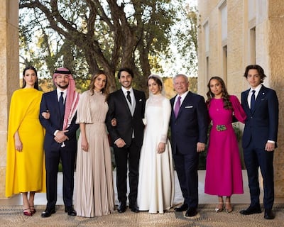 The Jordanian royal family at the wedding of Princess Iman and Jameel Alexander Thermiotis. Queen Rania / Instagram