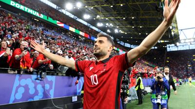 Albania's Nedim Bajrami celebrates scoring their first goal. Reuters