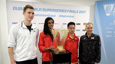 From left: 2016 men's Dubai World Superseries champion Viktor Axelsen of Denmark, Pusarla V Sindhu of India, Kevin Sanjaya Sukamuljo of Indonesia and England's Gabrielle Adcock at the launch of the 2017 Dubai World Superseries Finals held at the Dubai World Sports Council. Courtesy Seven Media