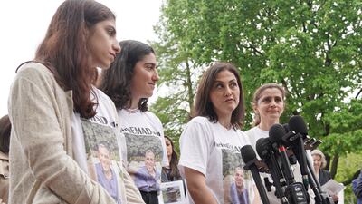 Family members of Iranian-American businessman Emad Shargi, who has been detained in Iran since April 2018, speak in front of the White House.