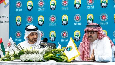 Khalfan Al Mazrouei, managing director of the Special Olympics World Games Abu Dhabi 2019 speaks at a press conference with Saud Alabdulaziz, senior advisor for sport at the Union of the Arab National Olympics Committees. Victor Besa / The National