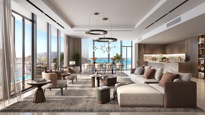 A rendering of the living room with floor-to-ceiling windows.
