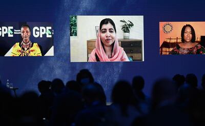 Malala Yousafzai speaks remotely at the Global Education Summit in London. EPA