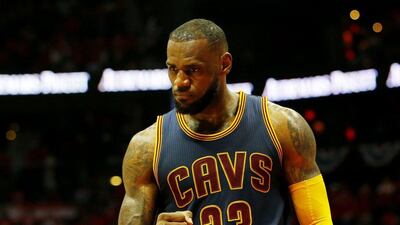 LeBron James of the Cleveland Cavaliers reacts in the final minutes of their Game 2 win against the Atlanta Hawks in the NBA Eastern Conference finals on Friday. Kevin C Cox / Getty Images / AFP / May 22, 2015