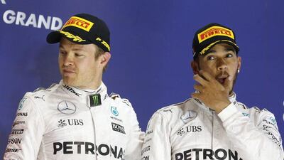 Mercedes driver Nico Rosberg of Germany, left, shown after beating teammate Lewis Hamilton at the Bahrain Grand Prix earlier this month. Luca Bruno / AP / April 3, 2016