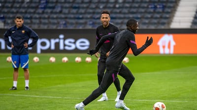 Ousmane Dembele and Pierre-Emerick Aubameyang take part in a training session in Frankfurt. EPA