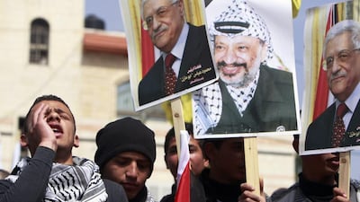 Palestinians in the West Bank town of Tubas on March 16 shout slogans in support of Palestinian Authority president Mahmoud Abbas, calling him "Abu Mazen," his local name, ahead of his meeting with US president Barack Obama. Mohammed Ballas/AP