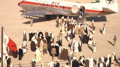 Dubai International Airport celebrated its 60th anniversary in 2020. Here passengers board a plane parked on a sand compacted runway in the 1960s. All photos: Dubai Airports