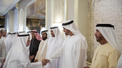 Sheikh Mohammed bin Zayed, Crown Prince of Abu Dhabi Deputy Supreme Commander of the Armed Forces, offers condolences on the death of Sheikh Hamdan bin Rashid bin Hamdan bin Mohammed Al Nahyan. Seen with Sheikh Suroor bin Mohammed, right Sheikh Hamad bin Mohammed Al Sharqi, Ruler of Fujairah, third right, and Sheikh Tahnoon bin Mohammed, Ruler’s Representative of the Eastern Region of Abu Dhabi, fourth right. Mohamed Al Hammadi / Crown Prince Court - Abu Dhabi