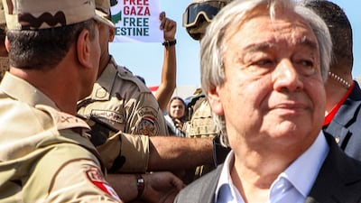 UN Secretary General Antonio Guterres visited the Egyptian side of the Rafah border crossing to the Gaza Strip on Friday. AFP