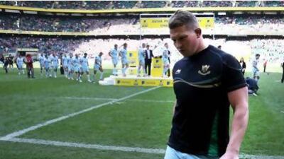 A dejected Dylan Hartley of Northampton walks off the pitch after collecting his losers medals during the Aviva Premiership Final between Leicester Tigers and Northampton Saints at Twickenham Stadium last month. David Rogers / Getty Images